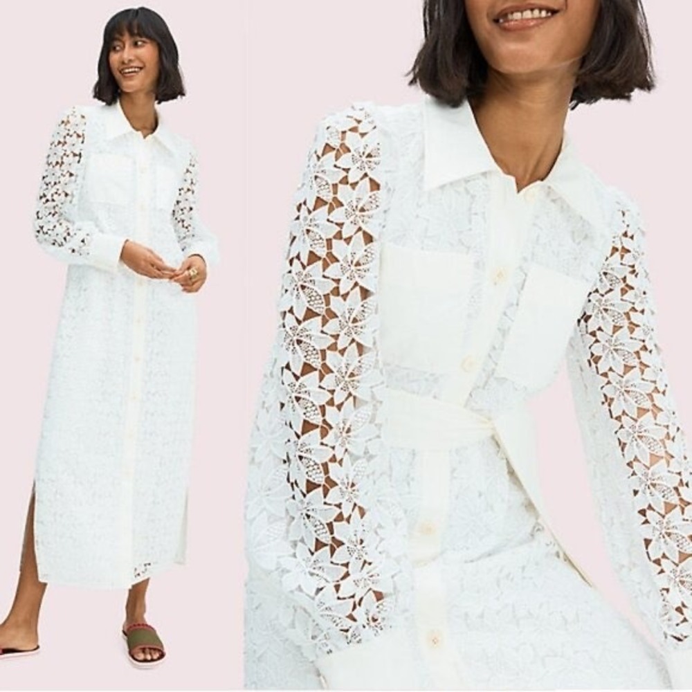 Kate Spade White Floral Lace Midi Shirtdress Long Sleeve Belted NJM00262 Size‎ 2